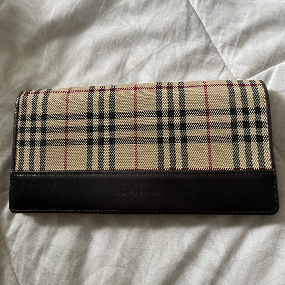 Burberry Kiss Check Long Wallet with Dark Brown Leather Trim!